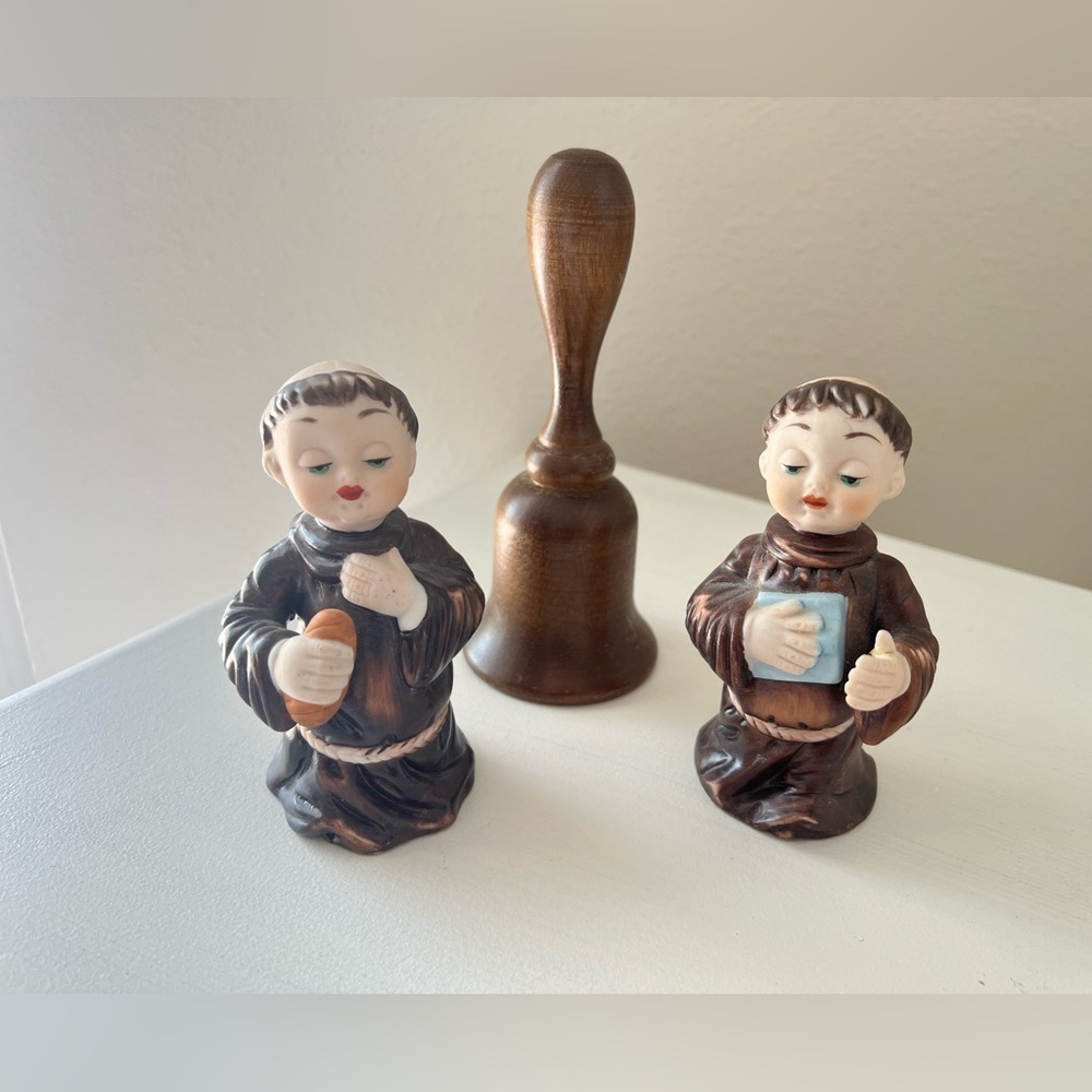 Albert E Price | Lot (3) Monk Boy Figurine Bells Hand Painted Ceramic Green Eyes